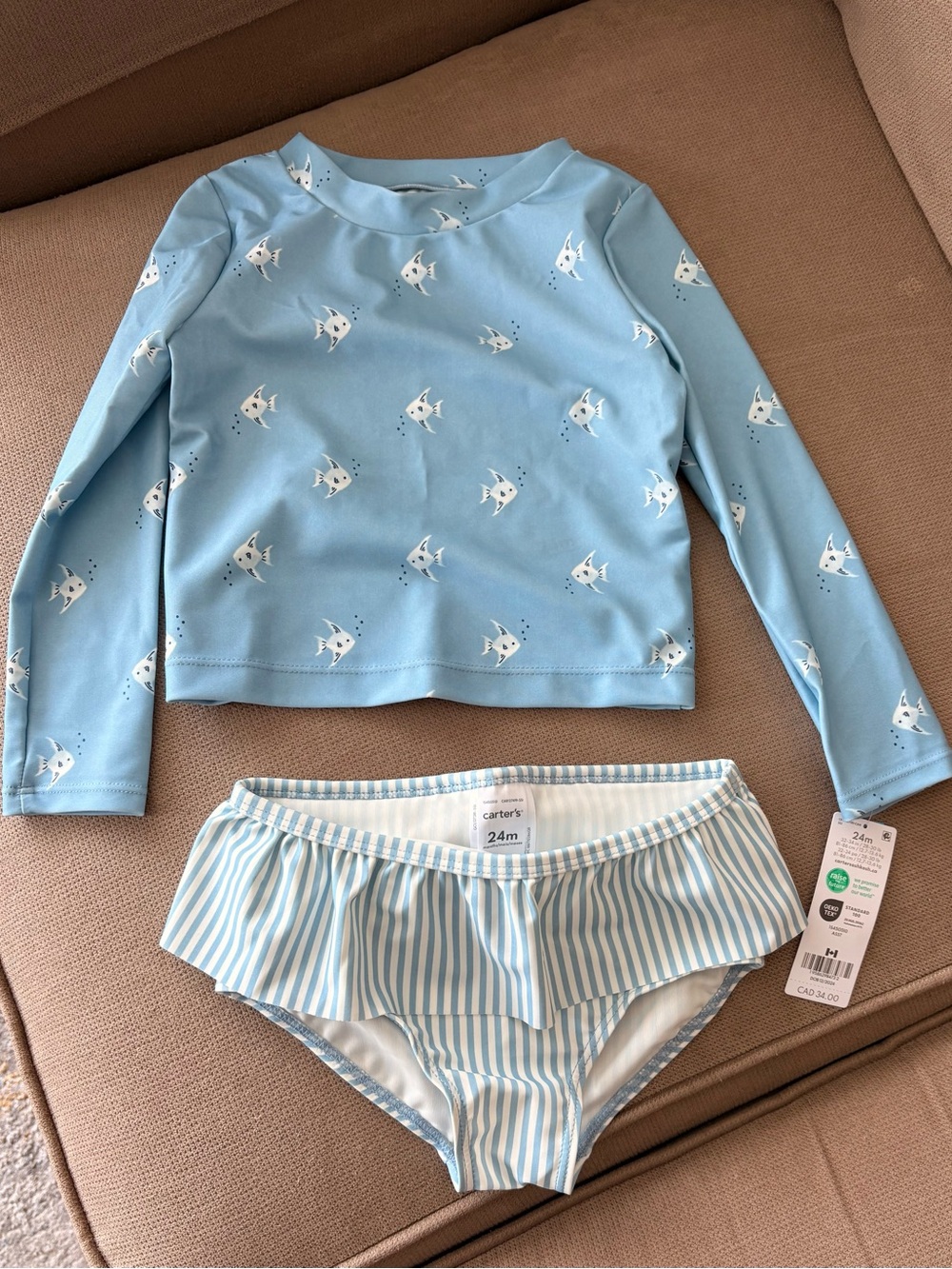 Carter's Light Blue Fish Rash Guard Set with Striped Ruffle Bottoms